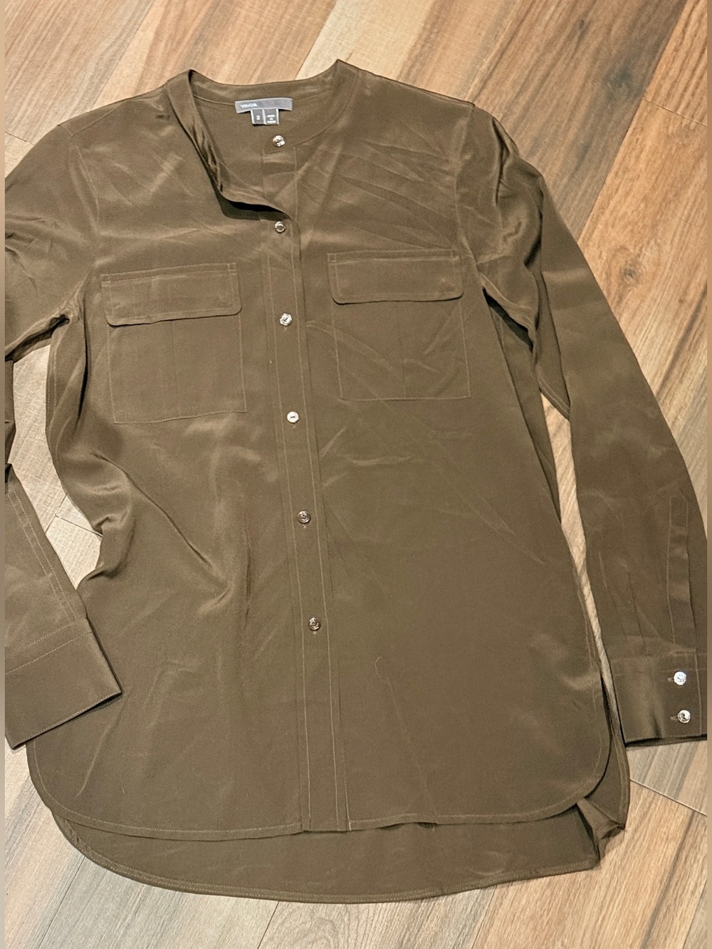 Vince silk long sleeve blouse top , size 2 Olive military olive brown